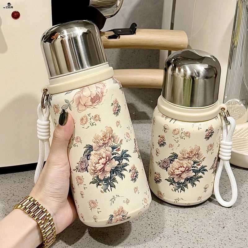 316 Stainless Steel Thermos Water Bottle Vintage Floral Coffee Cup with Lid Girl Elegant Rose Portable Thermos Cup Drinkware X250321