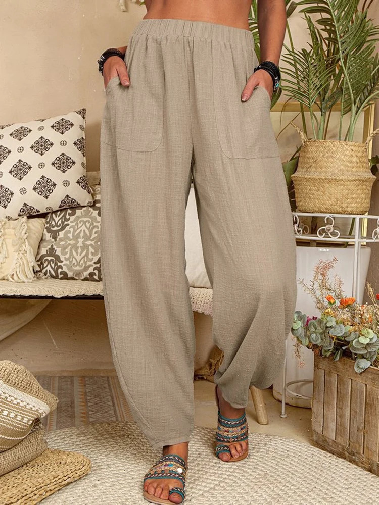 Womens cotton pants summer casual retro pocket thin beach shorts elastic waist wide leg loose harem 250320