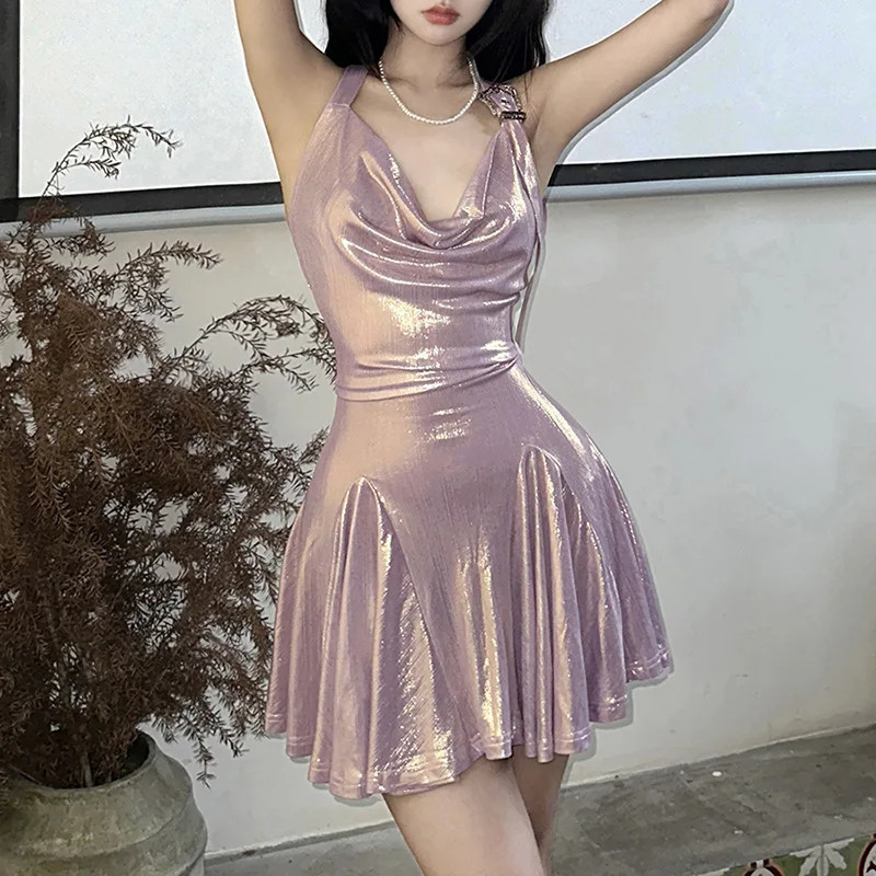 Nibber Silver Matte Retro Bright Confident Metal Summer Party Mature Sexy Feminine Womens Hanging Neck Pleated ALine Dress 250320