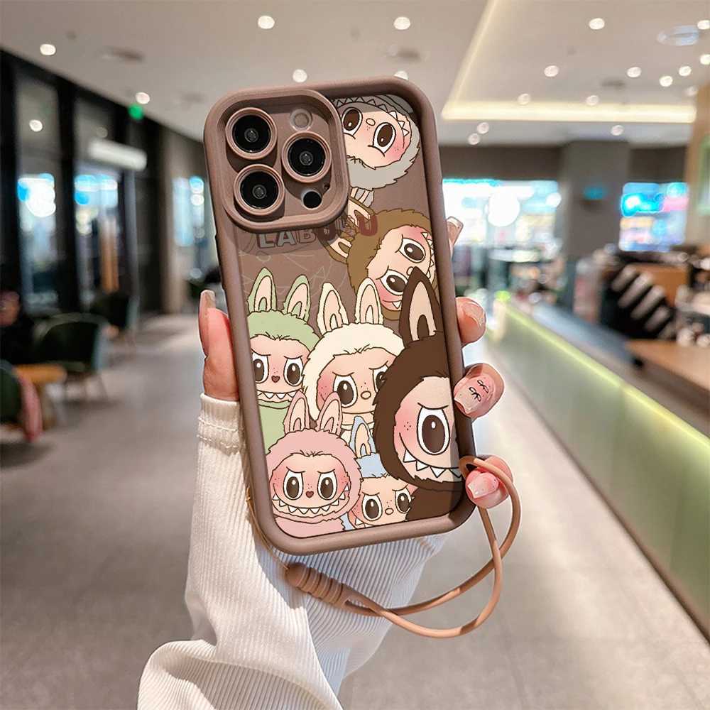 New Kawaii Cute Labubu phone case suitable for 15 14 13 11 Pro Max Mini XR XS X 7 8 Plus soft TPU back cover with hand strapXJ250321