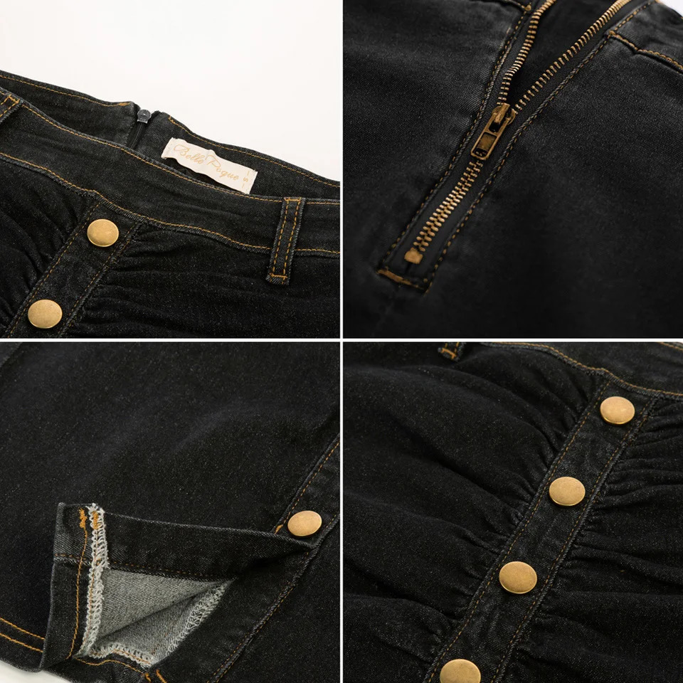 Women Vintage Jean Skirt With Belt High Waist Ruched Front Bodycon Skirt 250320