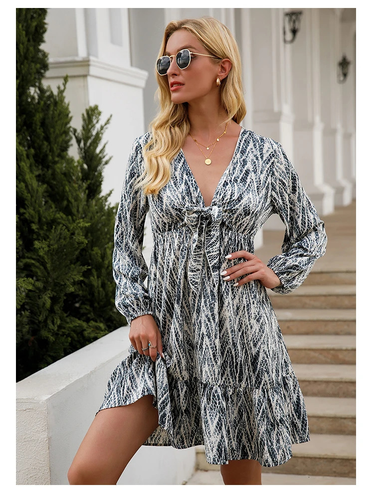 Womens Floral Long Dress Sleeves VNeck Wrap Ruffle Summer with Belt Beach Sexy Swing Maxi Midi 250320