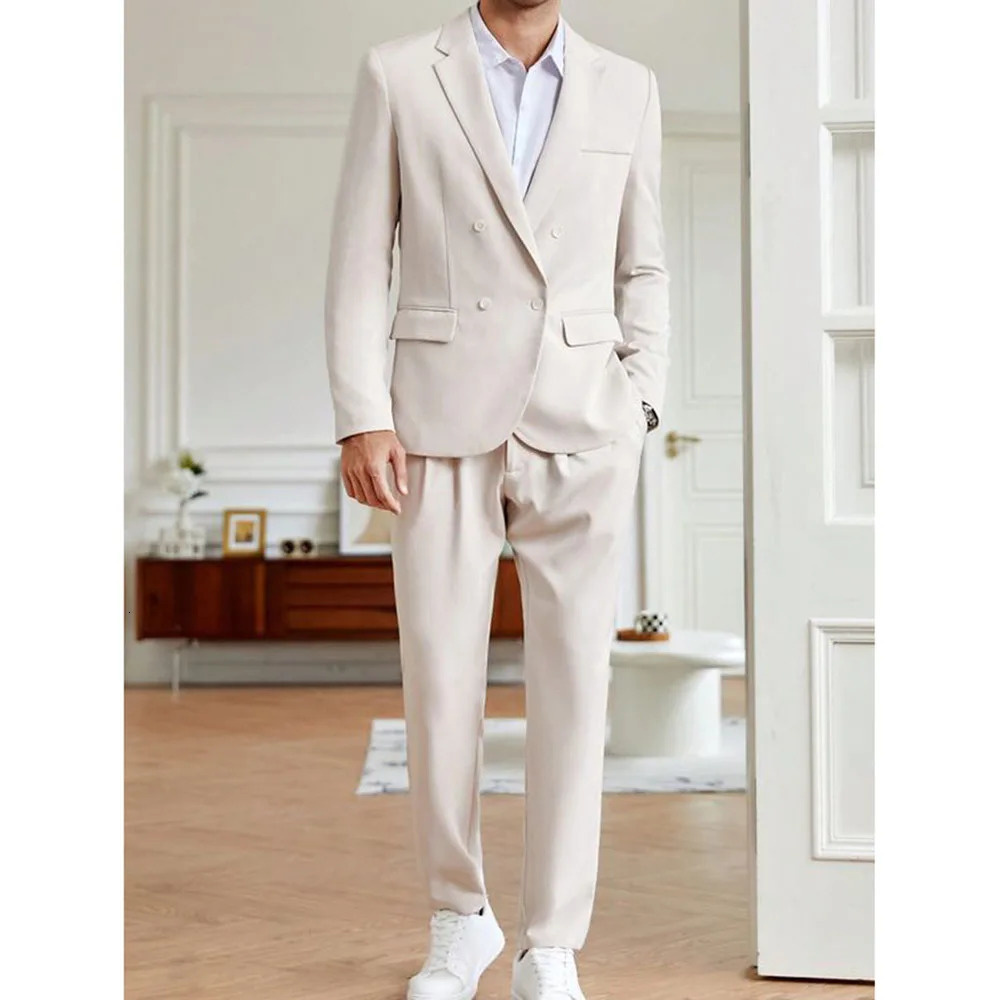 Elegant Beige Mens Suits Double Breasted 2 Pieces Jacket Pants Blazers Sets Formal Wedding Business Slim Fit Male Clothing 250311