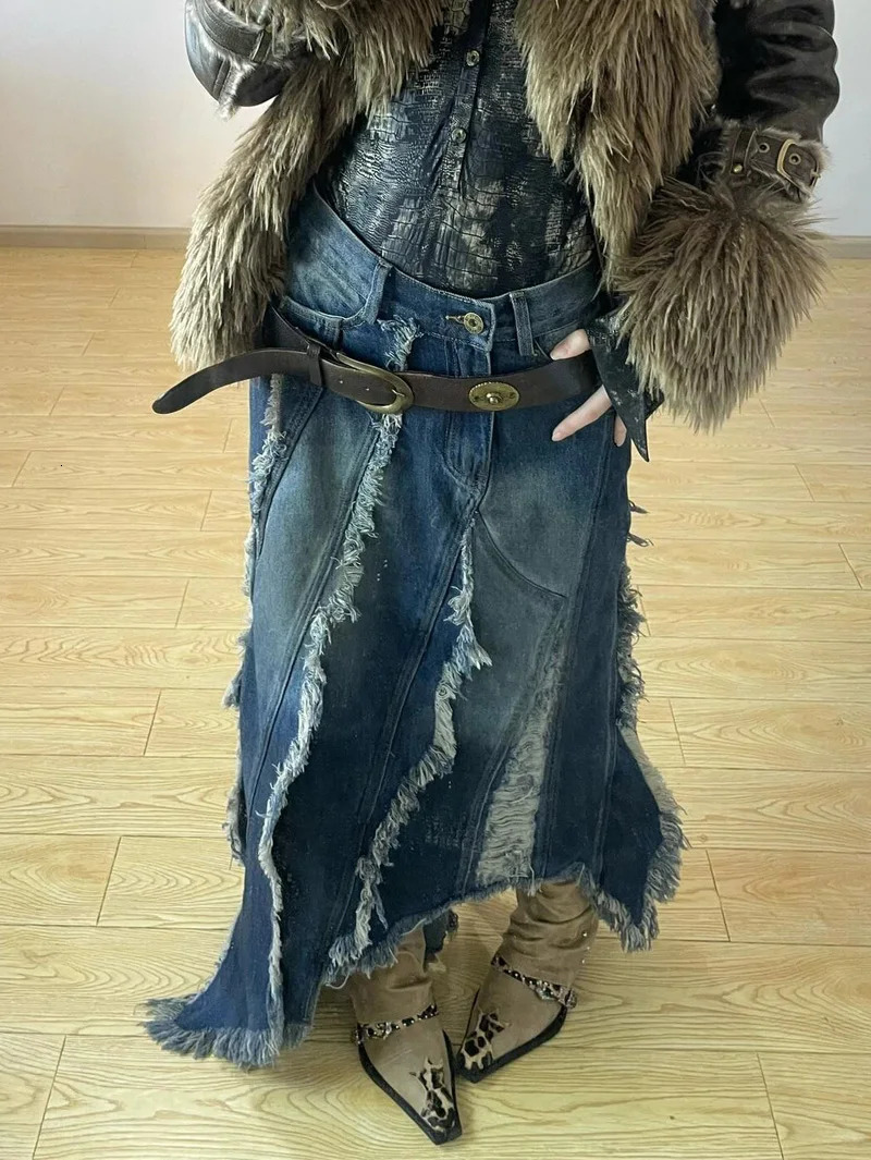 Women Denim Skirt Y2k Emo 2000s Clothes Long Skirt Harajuku Korean 90s Fashion Vintage Gradient A-line Jean Skirt Grunge Clothes 250320