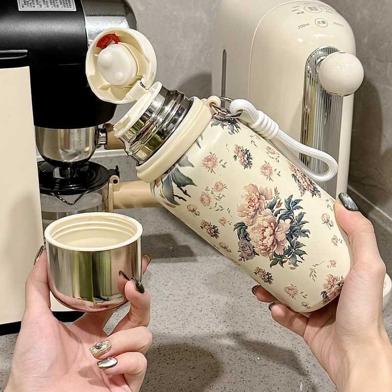 316 Stainless Steel Thermos Water Bottle Vintage Floral Coffee Cup with Lid Girl Elegant Rose Portable Thermos Cup Drinkware X250321
