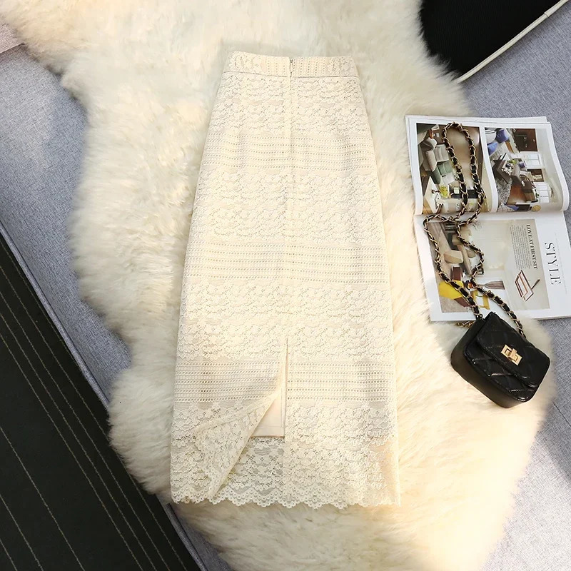 High Waist Lace Crochet Elegant Womens Midi Skirts Female Minimalism Chic Back Split Sheath Wrap Skirts Spring Autumn 250320