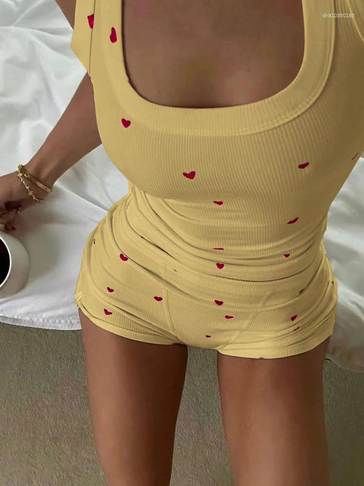 Women's Tracksuits Cute Ribbed Print Women 2 Piece Set Basic Sporty Casual O-neck Slim Vest Elastic Waist Shorts Mujer Classic Summer