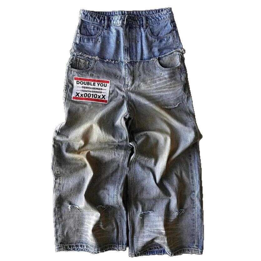 Street Hip Hop Edging Splicing Double Waist Piercing Rivet Loose Wide Leg Straight leg Jeans