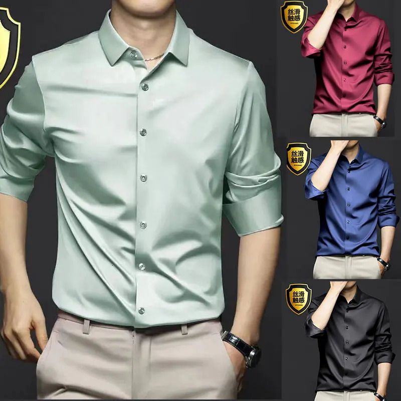 6XL mens shirt Dress Long sleeve Ice silk plus size Business casual high quality wear free breathable slim solid color 250320