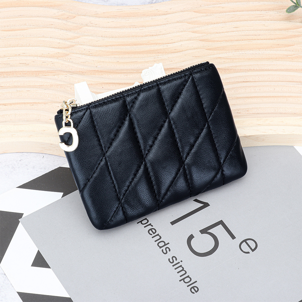 2025S Trend Designer Sheepskin Fashion Thin Zipper Women S New Genuine Leather Embroidered Grid Wallet Key Storage Small Bag