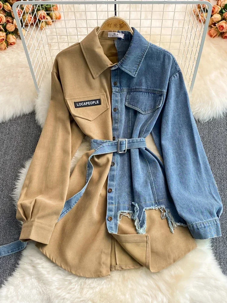 Spring and Autumn Womens Denim Shirt Color Comparison Patch Work Lace Top Display Thin Version Top Fashion GD596 250317