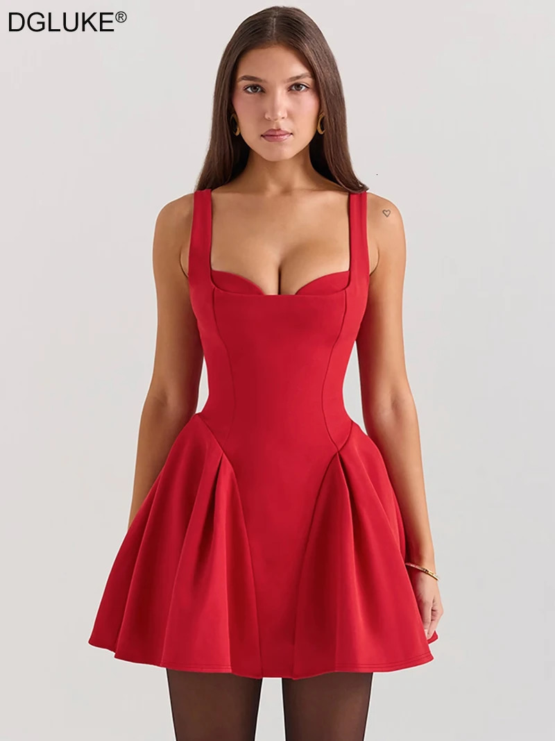 DGLUKE Red Corset Mini Dress For Women Sweetheart Neck Backless A-Line Short Summer Dress Sexy Birthday Party Dress Prom 250320