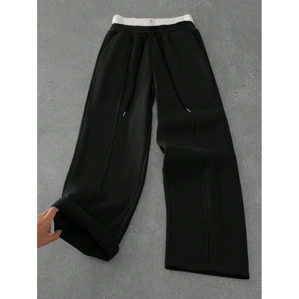 American style contrasting splicing double waisted loose straight leg sports casual with drawstring guard pants
