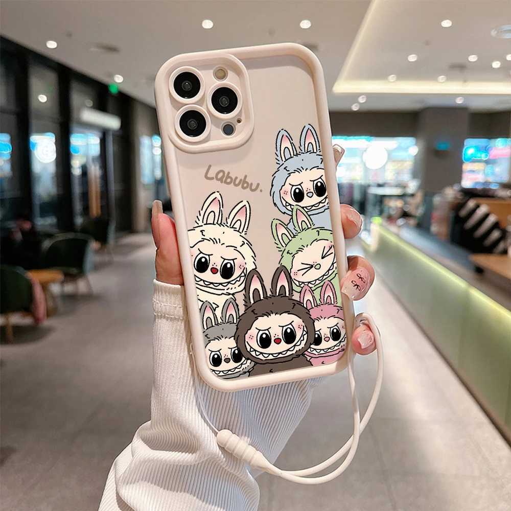 New Kawaii Cute Labubu phone case suitable for 15 14 13 11 Pro Max Mini XR XS X 7 8 Plus soft TPU back cover with hand strapXJ250321