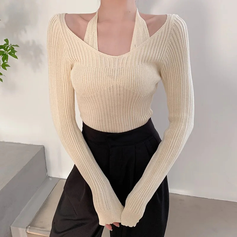 Spring And Autumn Long Sleeved Solid Color Slimming V-Neck Hanging Neck Tops Womens Off Shoulder Knitted Sweaters 250319
