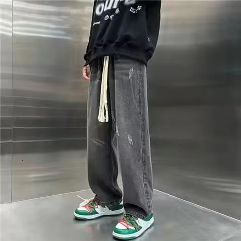 Mens luggage straight leg wide denim pants trend casual style street clothing mens lace design selling jeans 250312