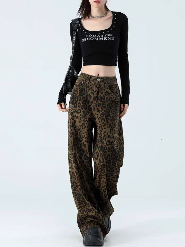 Brown Leopard Jeans Women Denim Pants Female Oversize Wide Leg Trousers Streetwear Hip Hop Vintage Clothes Loose Casual 250320