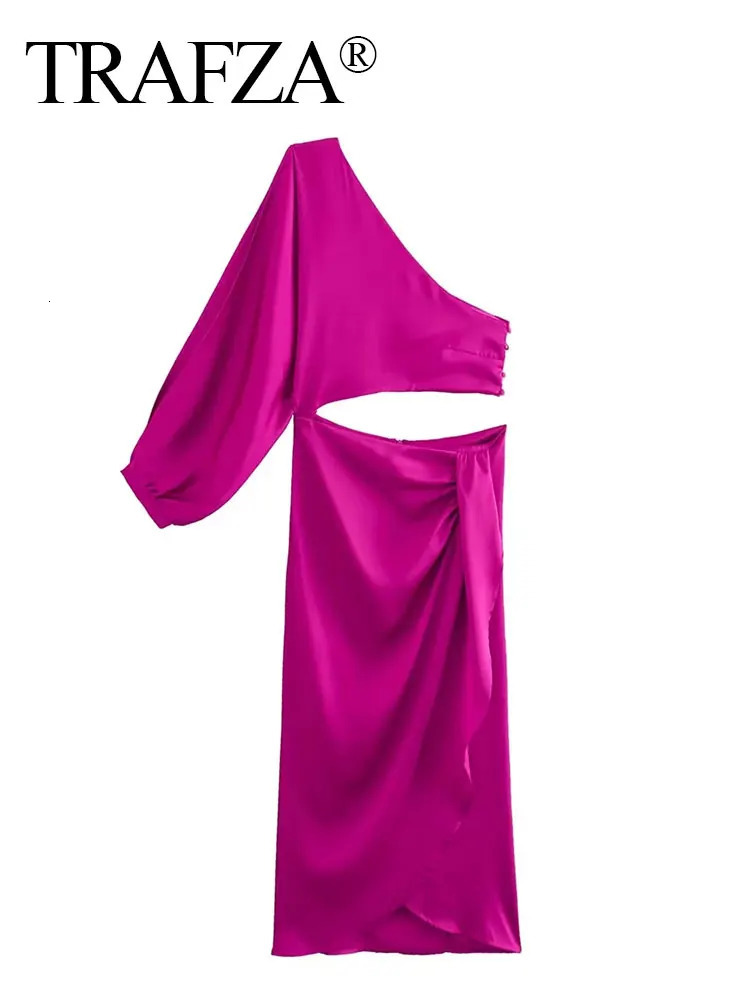 Trafza Womens Summer Dress Asymmetric Sexy Long Skirt Hollow Outer Waist Friction Shoulders Solid Elegant Evening 250317