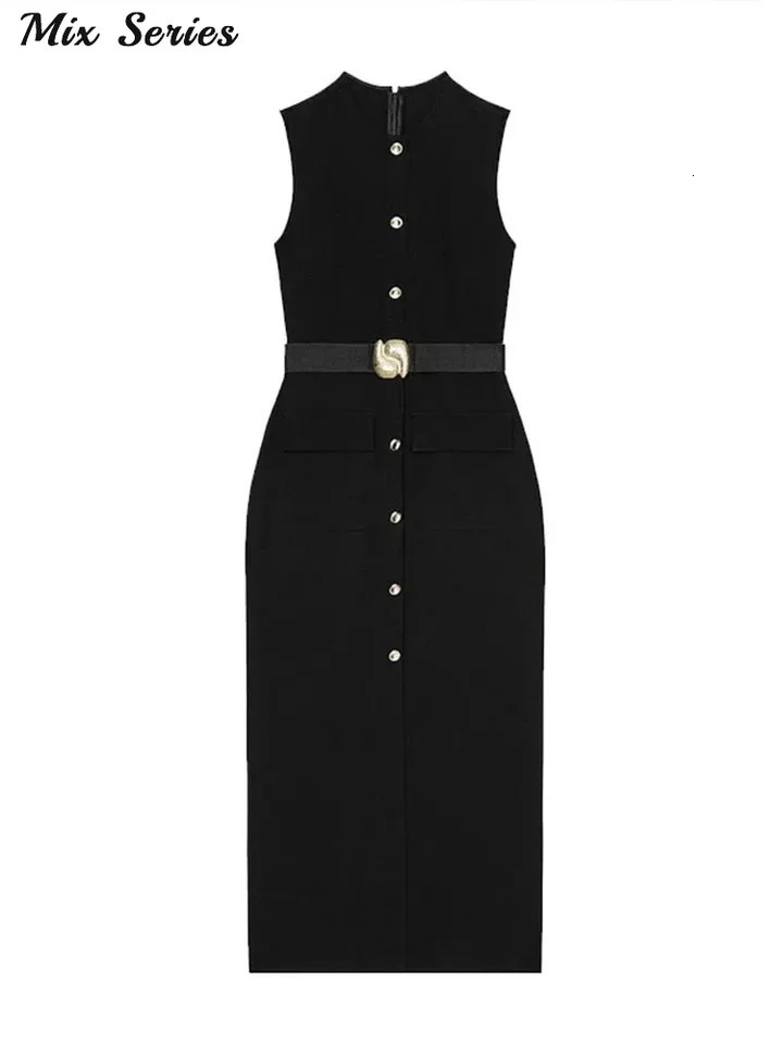 Elegant single chest split style dress for women ultrathin sleeveless Oneck belt Midi springsummer office womens long robe 250320