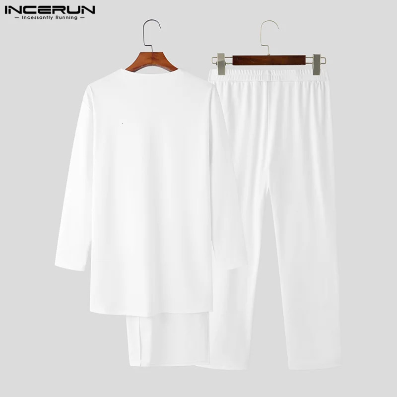 INCERUN Muslim Style Mens Long-sleeved T-shirts Trousers Suit Stylish Streetwear Male Knitted Suit 2 Pieces S-5XL 250320
