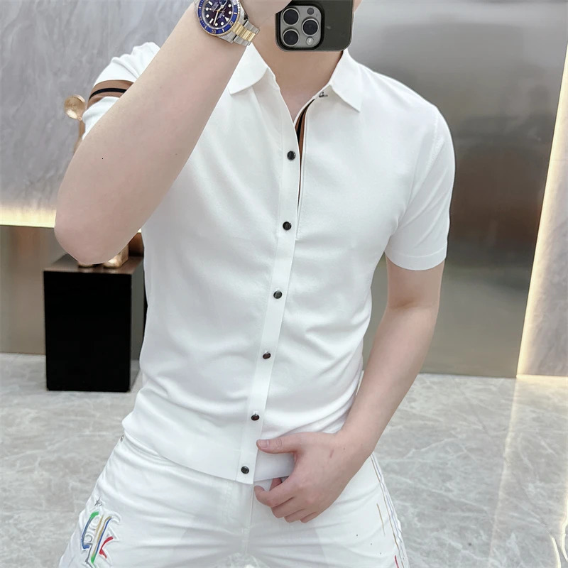 Summer Striped Mens Knitted T-shirt Polo Neck Ice Silk Short Sleeve Mens Casual Business Knitted T-shirt 250320