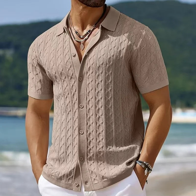 Summe Embroidered Mens Short Sleeve Fashion Knitted Shirt 2025 Business Solid Color Casual Button Open Polo Top 250320