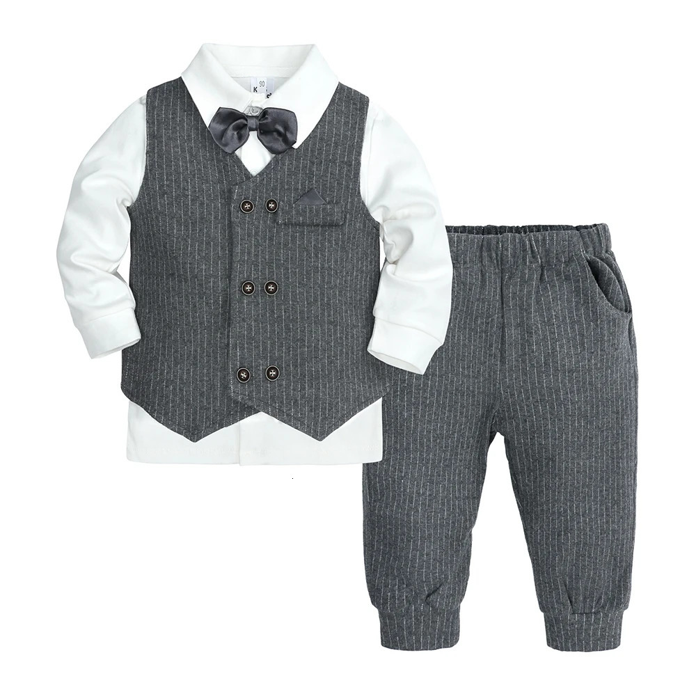 2025 Baby Boy Gentleman Suit Toddler Bow Tie White Shirt VestPants Stripe Sets 3Pcs Formal Birthday Wedding Kids Party Clothes 250320