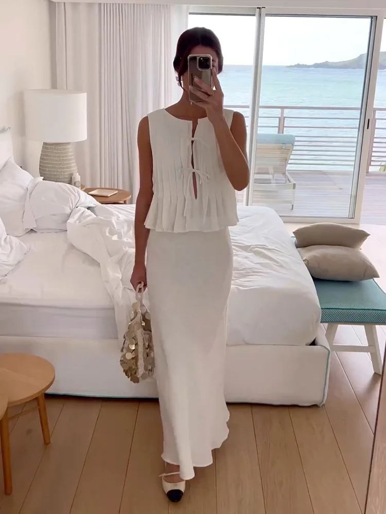 Sexy White Sleeveless Tie Shirt Top Long Skirt Two Piece Women Fashion Set Summer Holiday Beachwear Swimwear Cover Up A2860 250320