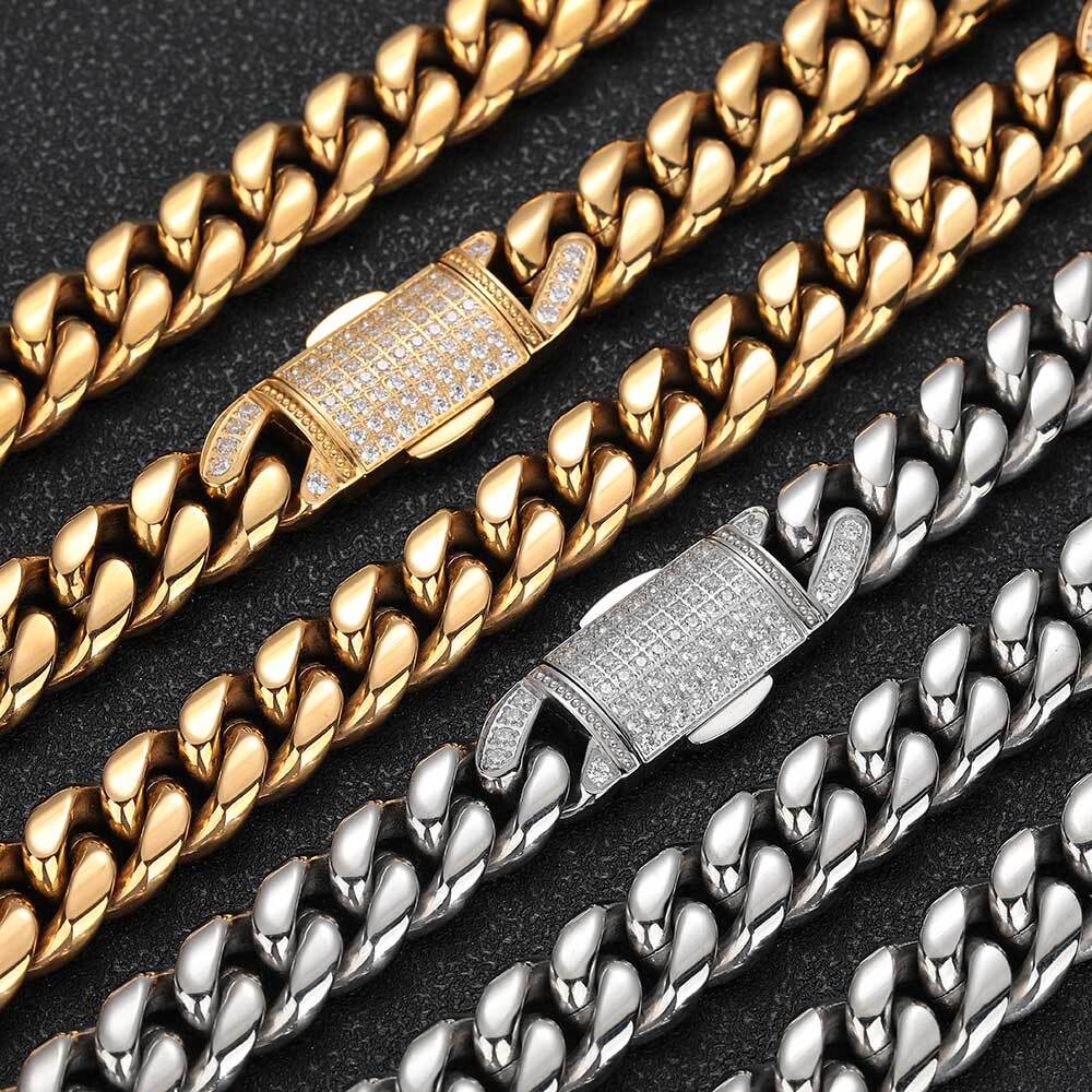 Hip Hop Jewelry 12mm Miami Stainless Steel PVD Cuban Link Necklace Iced Clasp Cuban Link Chain Free Engrave Drop Shipping