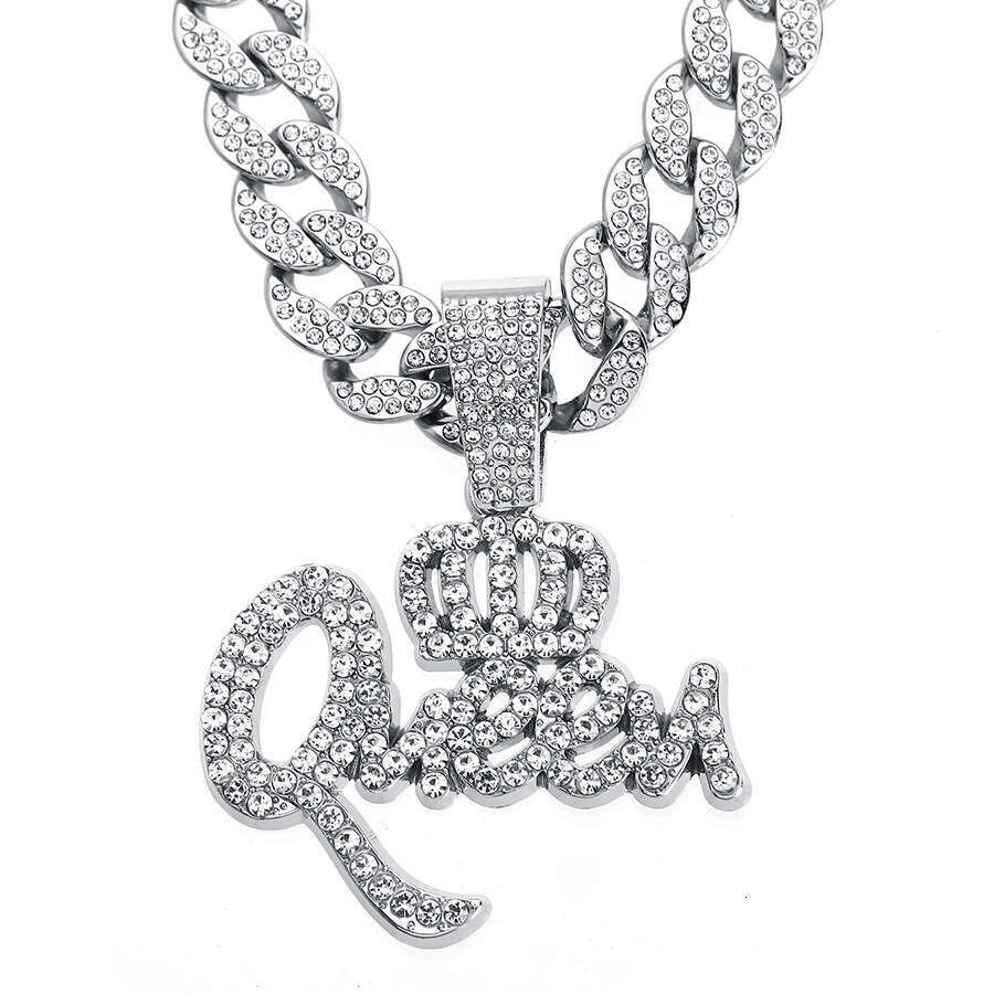 Hot selg hip-hop zinc alloy crown QUEEN letter full dia pendant with temperament and personality necklace jewelry