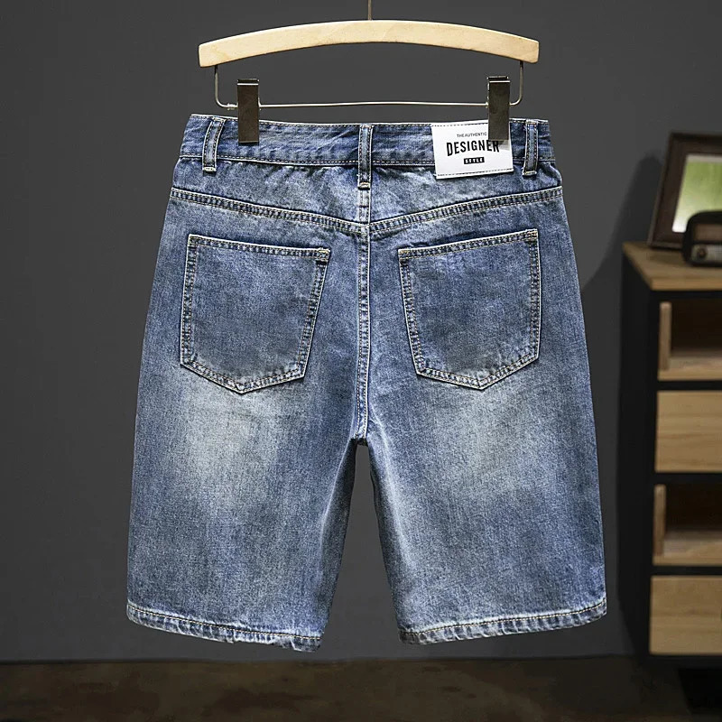 2024 Summer Ultra Thin Mens Retro Street Denim Shorts Fashion and Paradigm Straight Leg Fit Blue for Men 250312