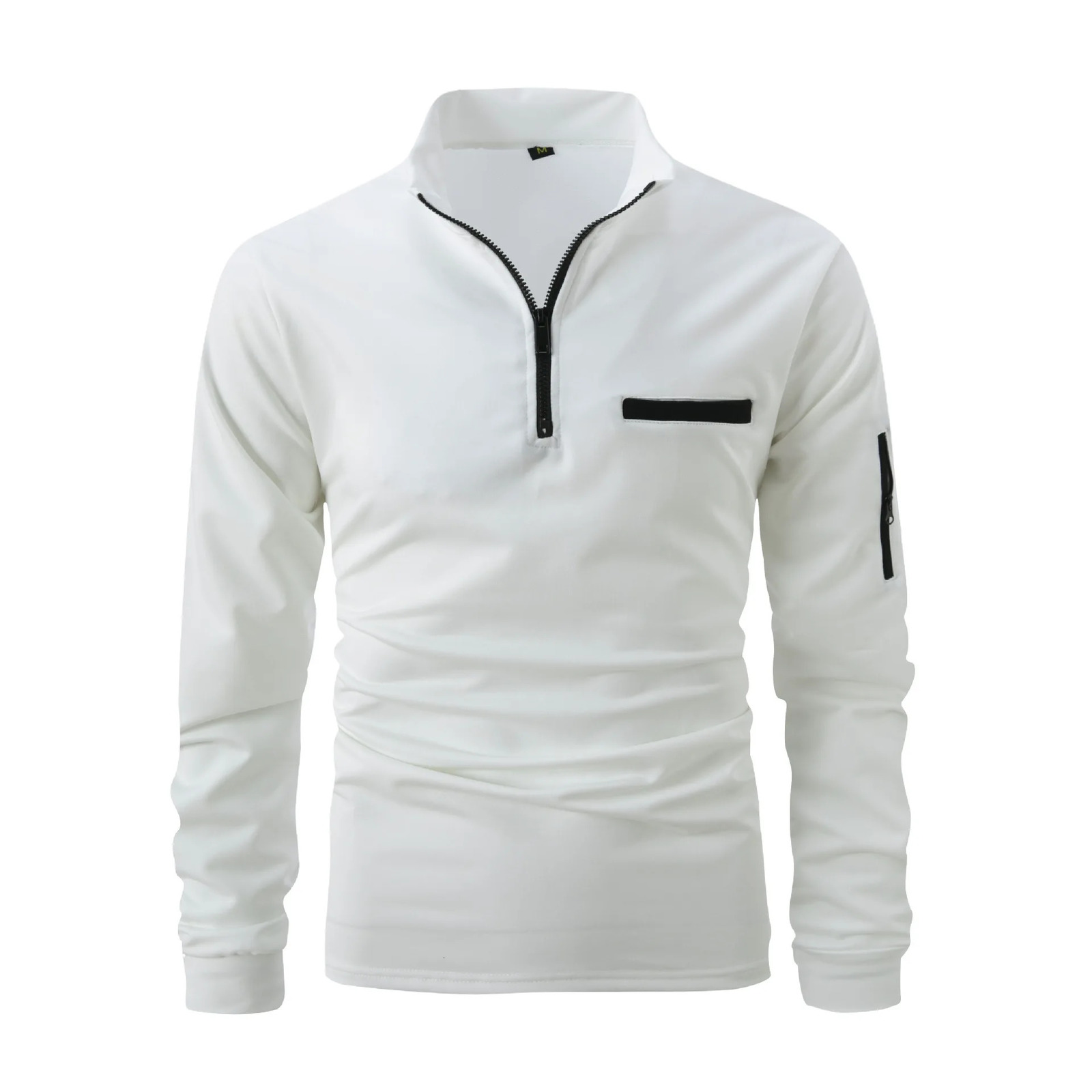Spring and summer mens casual cotton long sleeved polo shirt with pocket zipper stand up collar 250320
