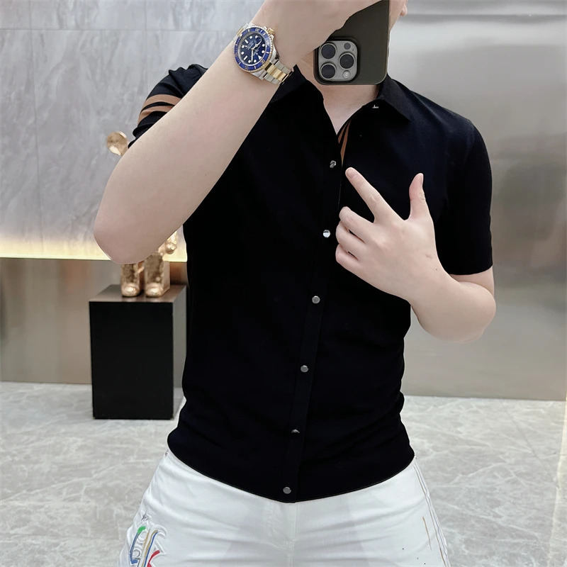 Summer Striped Mens Knitted T-shirt Polo Neck Ice Silk Short Sleeve Mens Casual Business Knitted T-shirt 250320