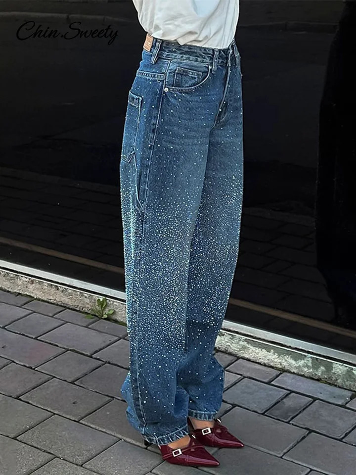 Rhinestone Blue Jeans Women Casual High Wait Wide Legs Pockets Denim Pant Female Spring Lady Y2k Street Baggy Trousers 250320