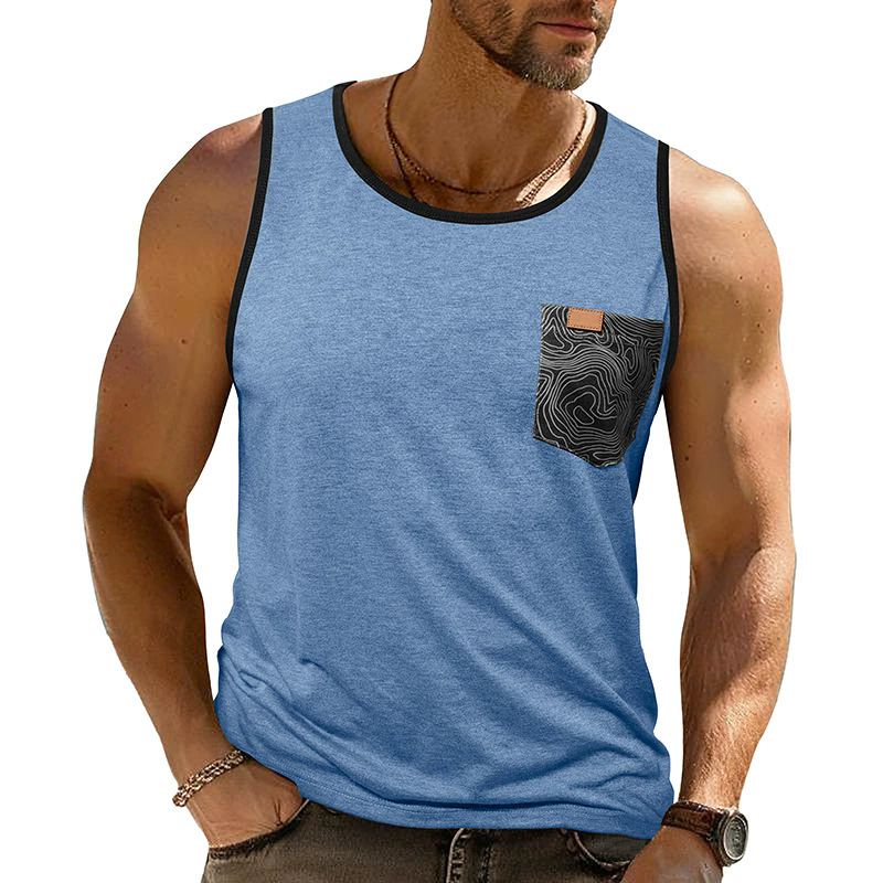 6 Color Summer T-Shirts Men's Sleeveless Printed Vest Loose Pocket Fitness Sports Top Polyester Dark Grey Green Tees XXL