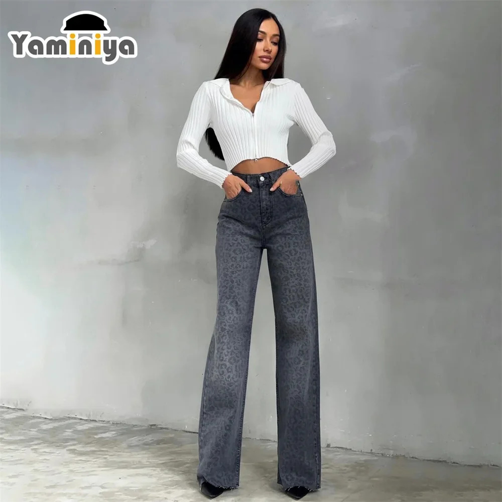 Yaminiya Autumn Womens Jeans High Waist With A Leopard Print Women Flared Pants Distressed Washed Vintage Womens Pants 250320
