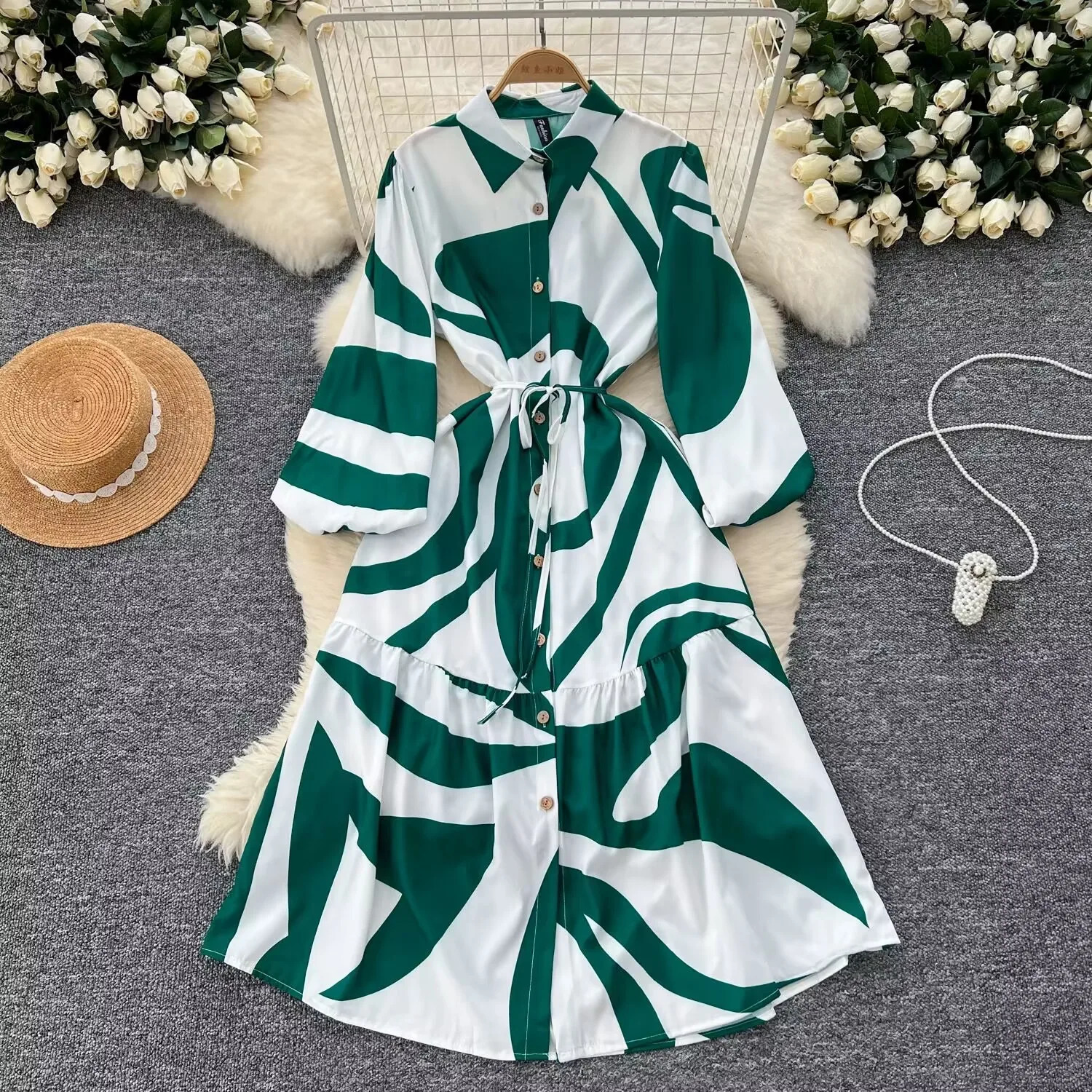 Spring Fashion Long Sleeved Print LaceUp Shirt Dress For Women Turn Down Collar Single Breasted Maxi Femme Robe 250320