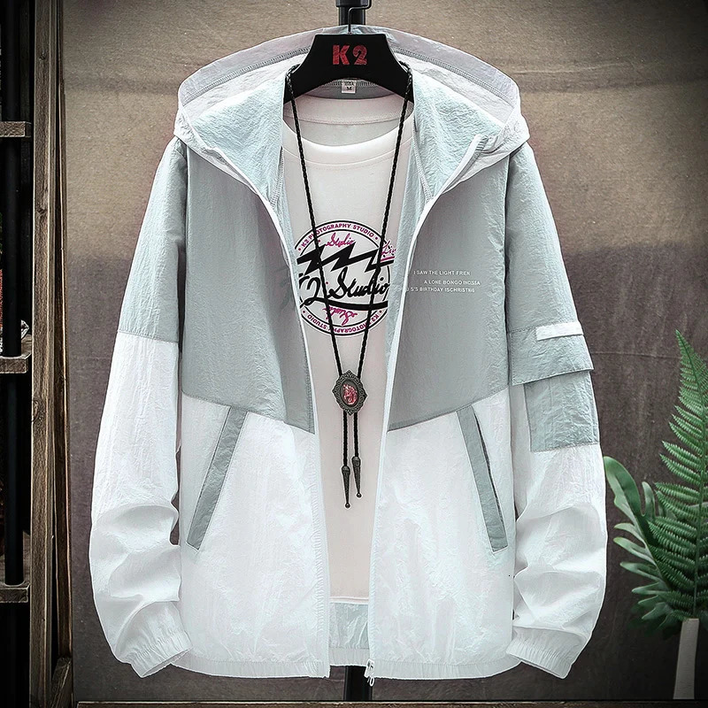 Summer Mens Sun Protection Shirt Thin Quick Drying Hood Windproof Jacket Breathable Letter Print Casual and Versatile Cardigan 250319