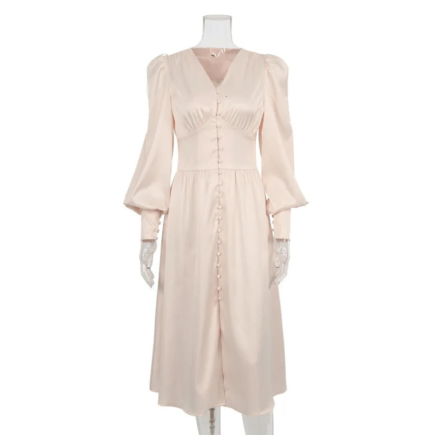 Women Elegant Solid Color Puff Sleeve Button Front Satin Party Dress 250320