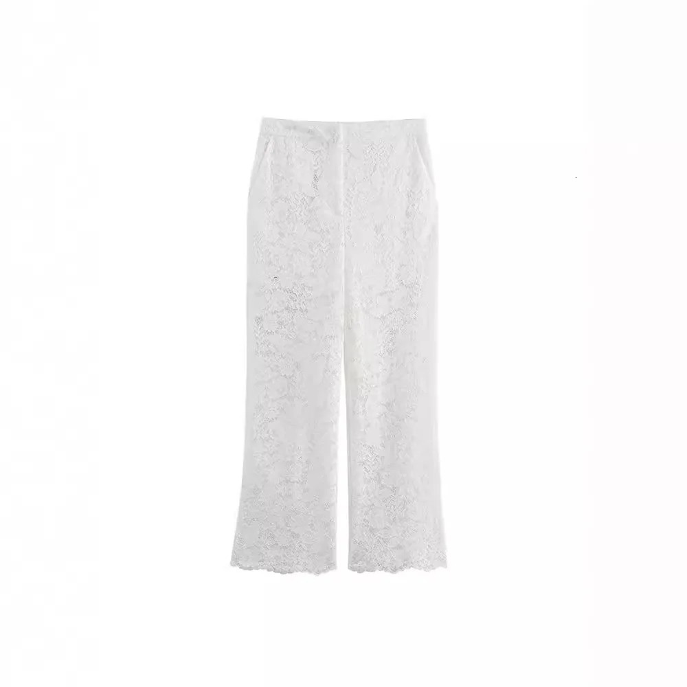 Transparent white vacation style lace pants set for womens summer leisure office womens set hollow out matching 250320