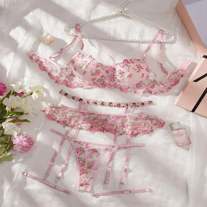 Sexy Floral Embroidery Lingerie Set Autumn Pure Desire Style Hollow Out Lace Underwear Bra Female Sweet Pink Exotic Apparel Suit 250320