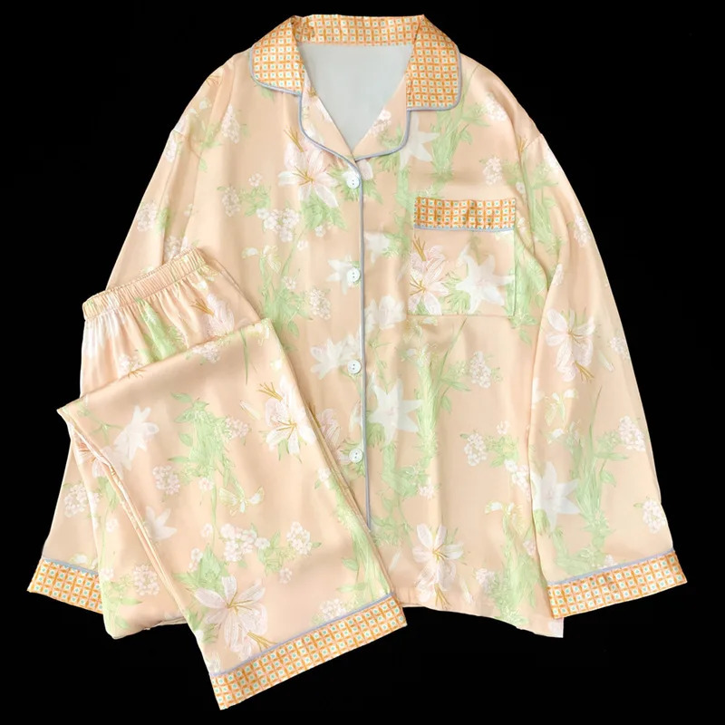Spring and Autumn Womens Ice Silk Pajamas Homewear Set Womens Long Sleeve Rustic Style Floral Printed Pajamas Homewear 250320