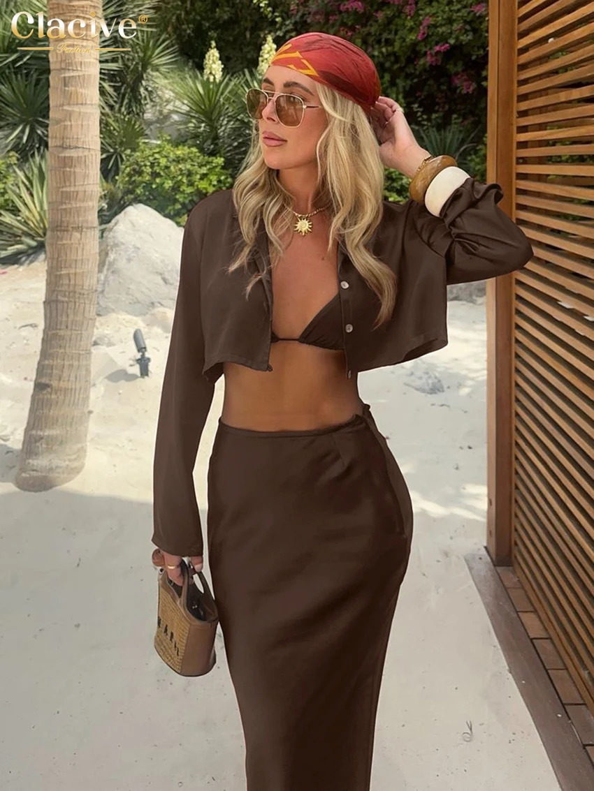 Clacive Sexy Loose Brown Satin 3 Piece Sets Women Outfit Fashion Long Sleeve Crop Top Bra With High Waist Maxi Skirt Set 250320