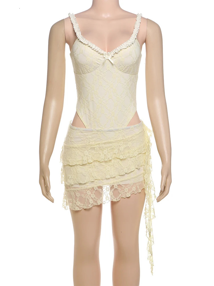 Weird Puss Jacquard Elegant 2 Piece Women Low-Neck Sleeveless BodysuitsRuched See Through Tassel Skirts Beach Party Trend Suits 250320