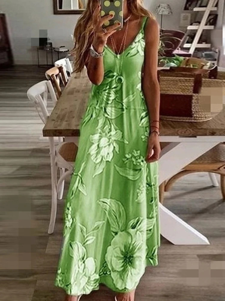 Summer Slim Fit Slip Dress Casual Womens Dresses European American Style Sleeveless VNeck Long Woman Green 250320