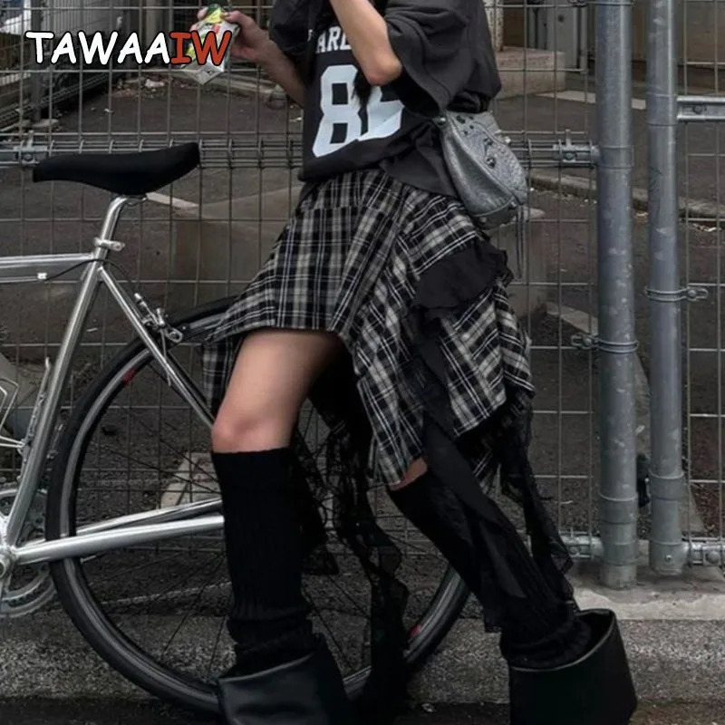 Tawaaiw Streetwear Plaid Skirt Women Korean Fashion Irregular Gothic Clothing A-line High Waist Skirts For Woman Y2k Bottom 250320