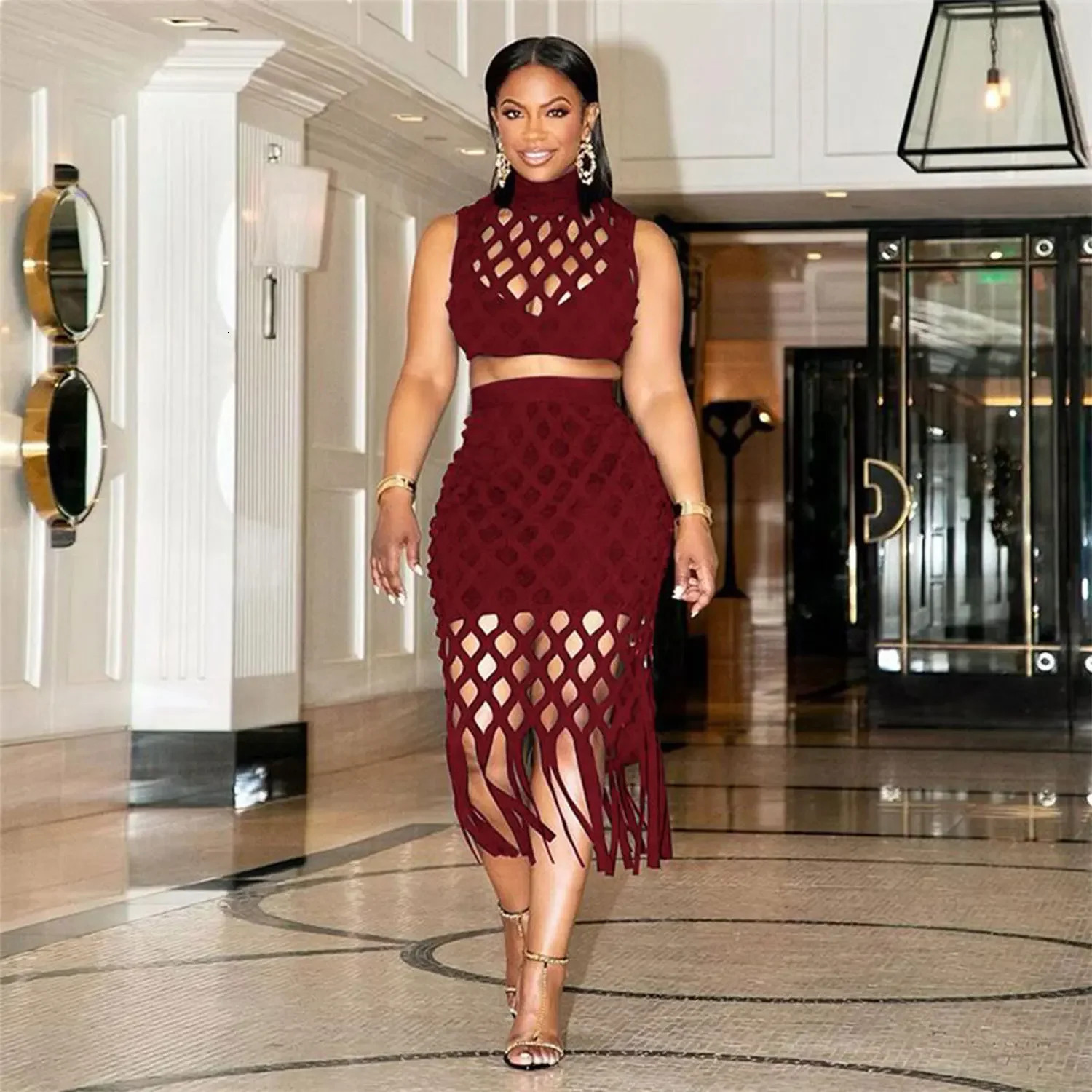K9037 Weight Loss Hollow Mesh Edge 2-piece Set Nightclub Clothing Womens Fashion Vest and Ski Combination Made in China 250318