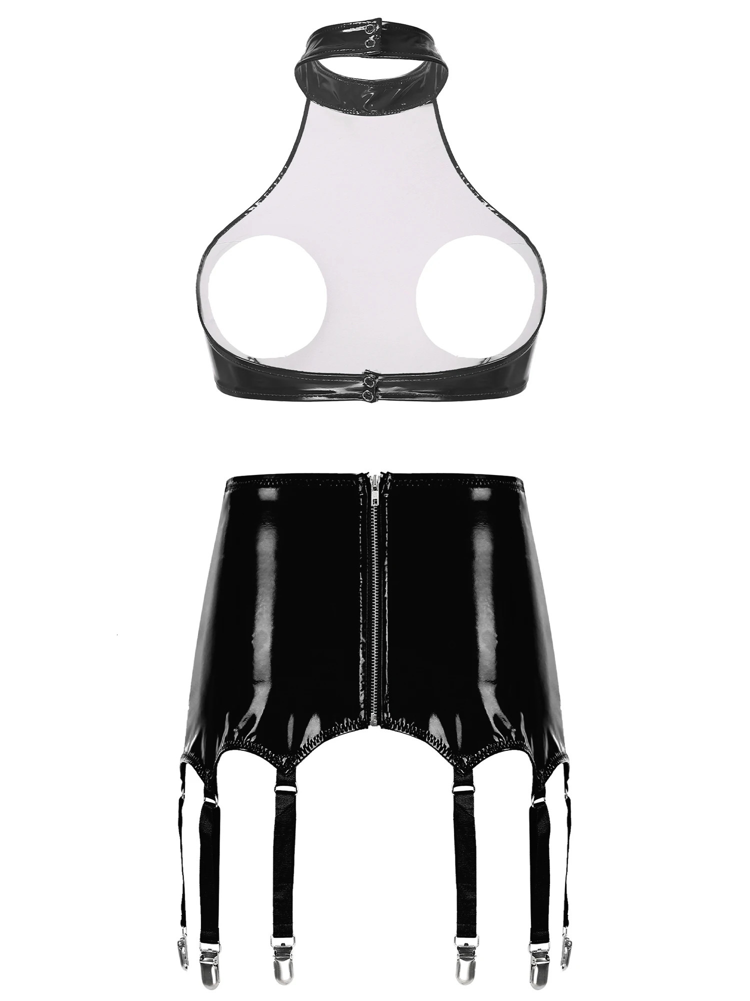 Womens Patent Leather Two-Pieces Porn Lingerie Set Wire-free Open Bust Push-up Bra Top Tank Top with Zipper Garters Mini Skirt 250320