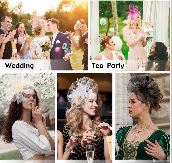 Fascinators Hat Flower Mesh Ribbons Feathers on a Headband and a Clip Tea Party Headwear for Girls and Women