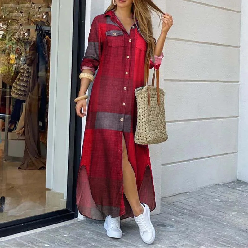 Long sleeved dress plain robe Maxi Beach summer elegant womens button irregular shirt split print lapel party 250320